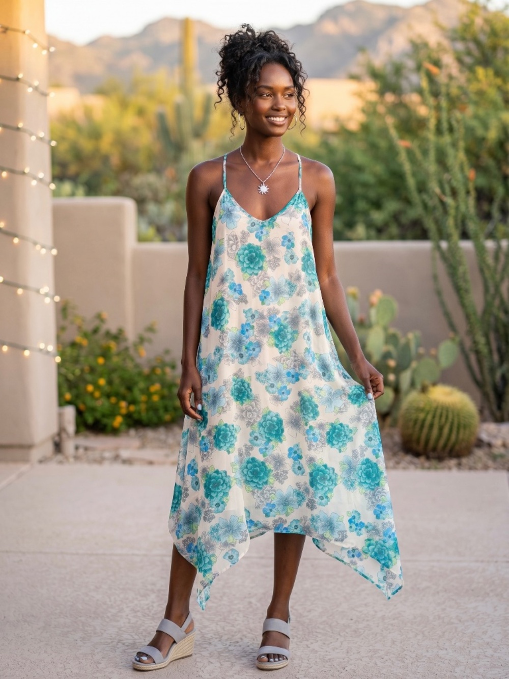 Lovestitch White Blue Floral Asymmetrical Midi Dress | Flowy Handkerchief Hem - Picture 1 of 6